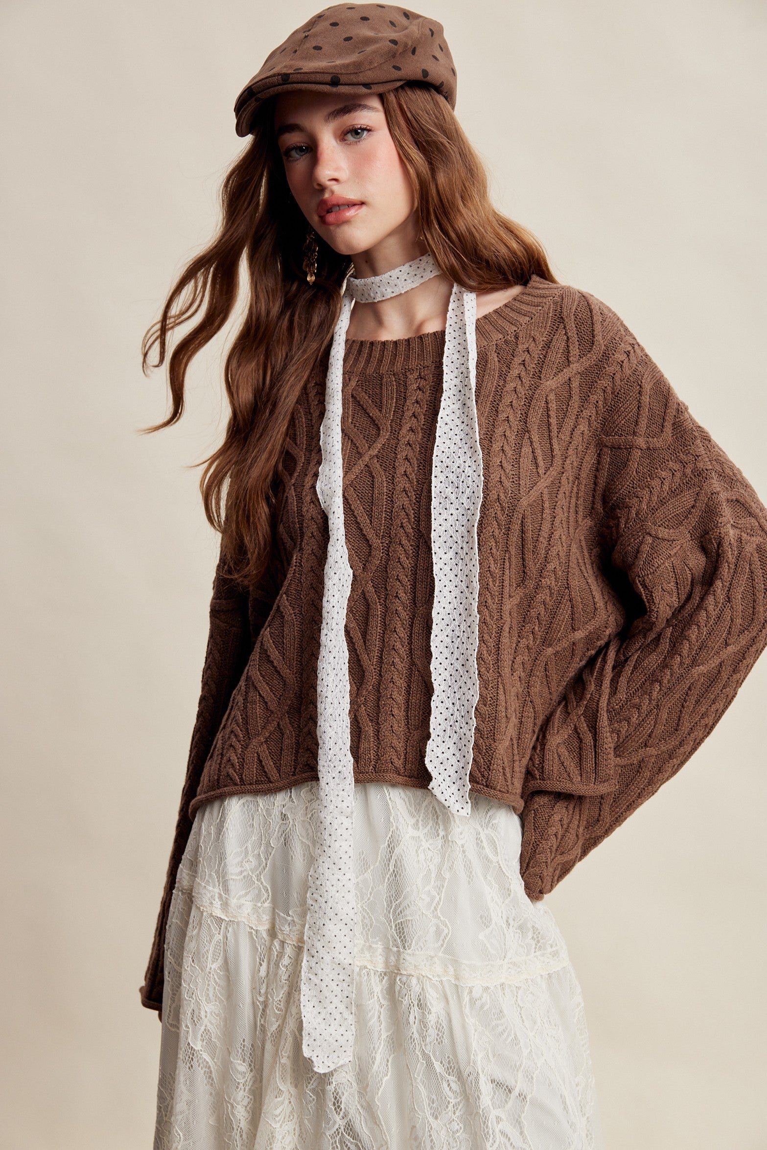 Wrenley Oversized Cable Knit Sweater - Brown