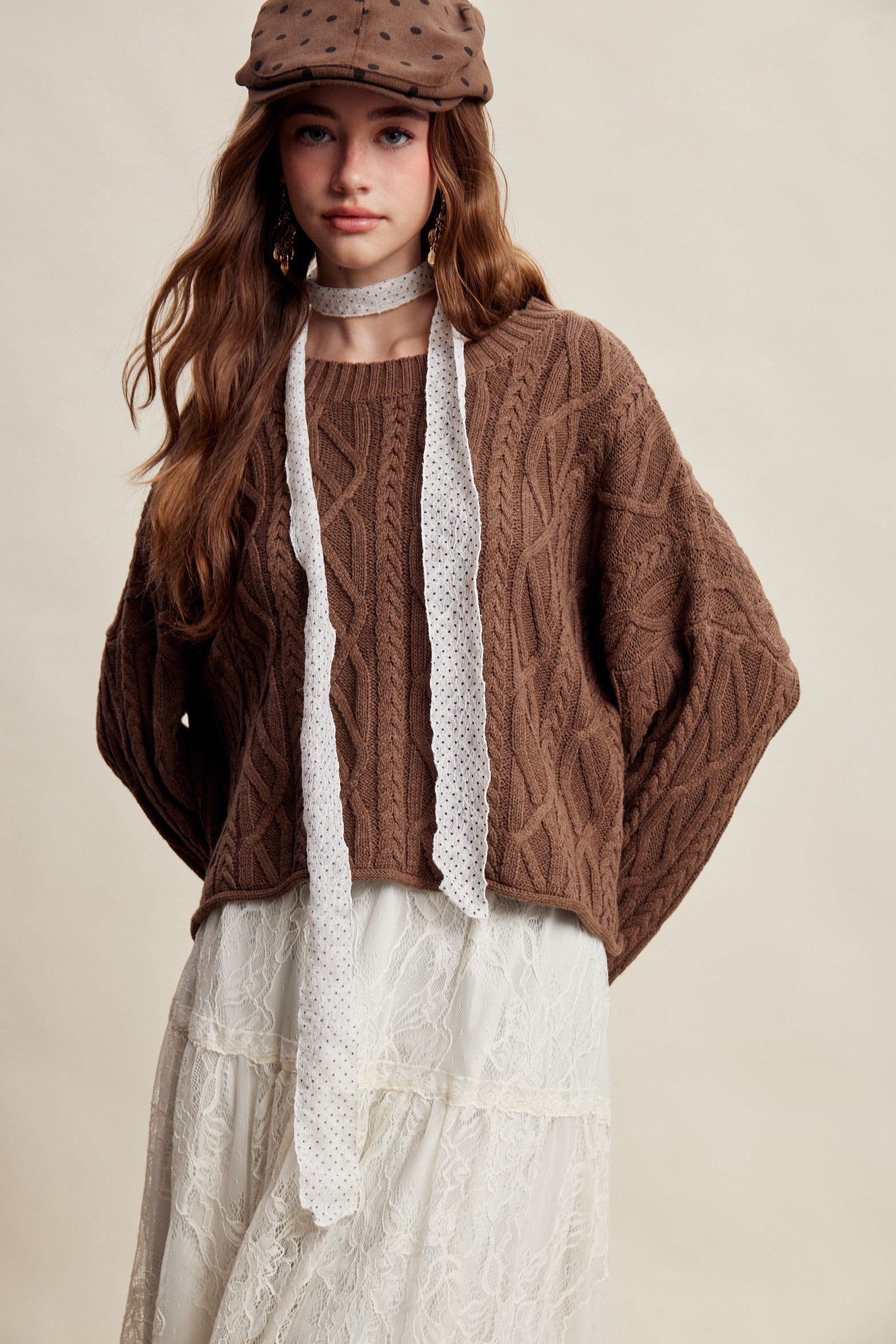 Wrenley Oversized Cable Knit Sweater - Brown