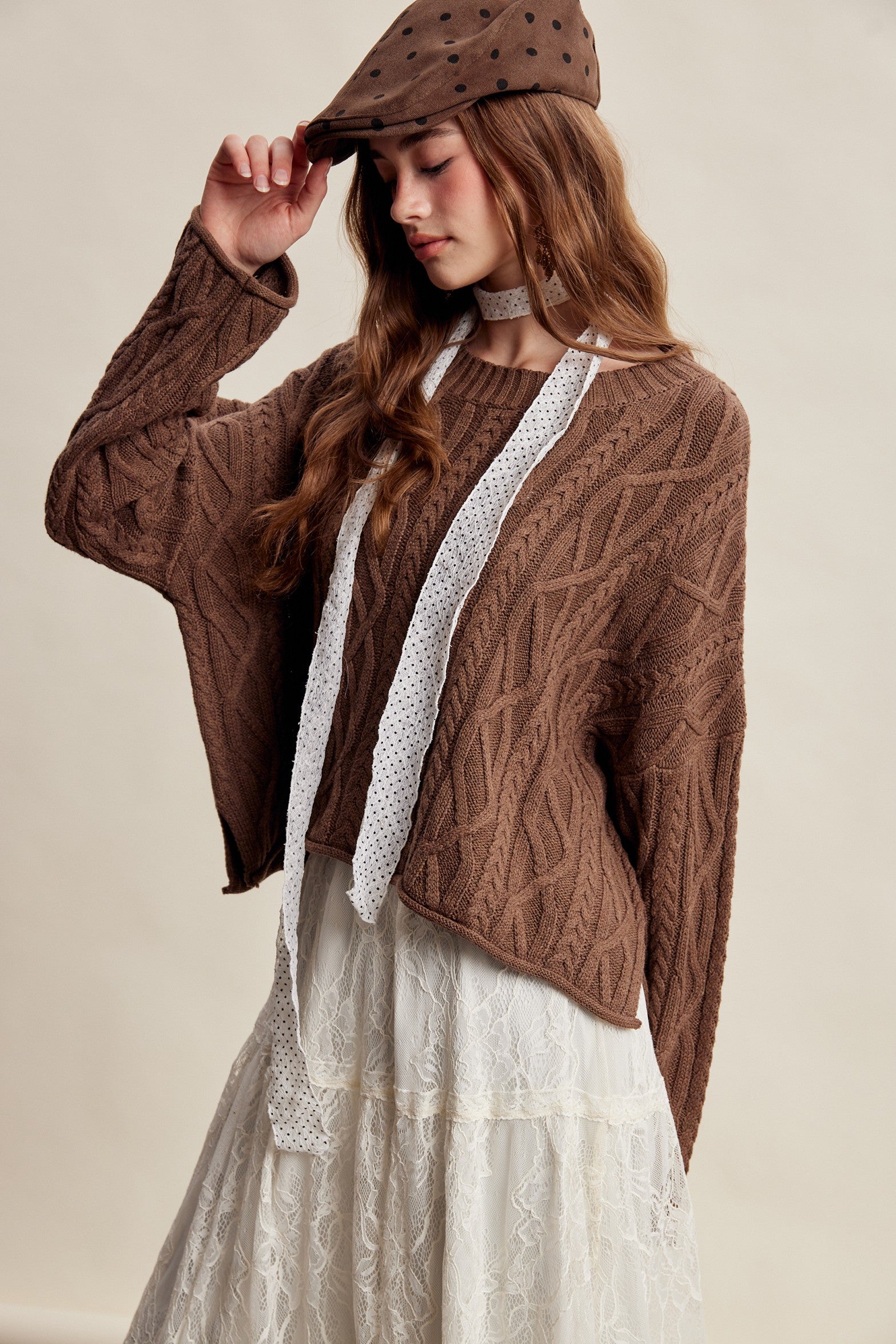 Wrenley Oversized Cable Knit Sweater - Brown