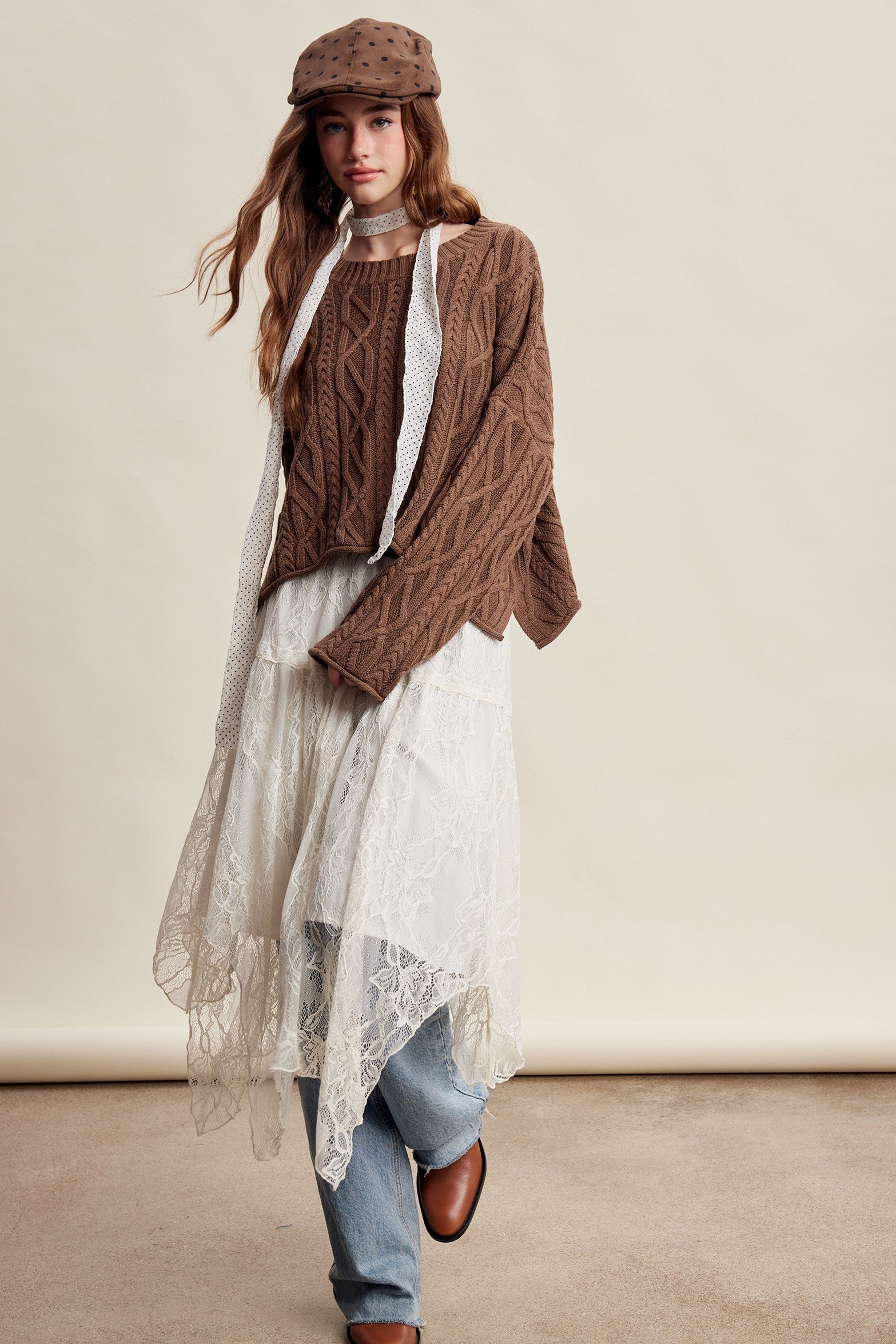 Wrenley Oversized Cable Knit Sweater - Brown