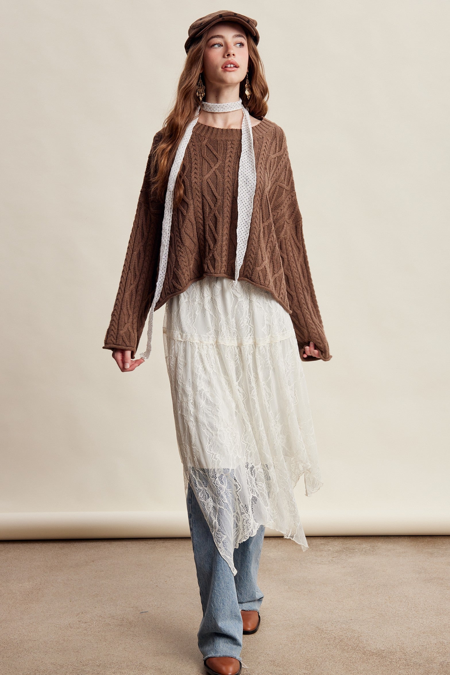 Wrenley Oversized Cable Knit Sweater - Brown
