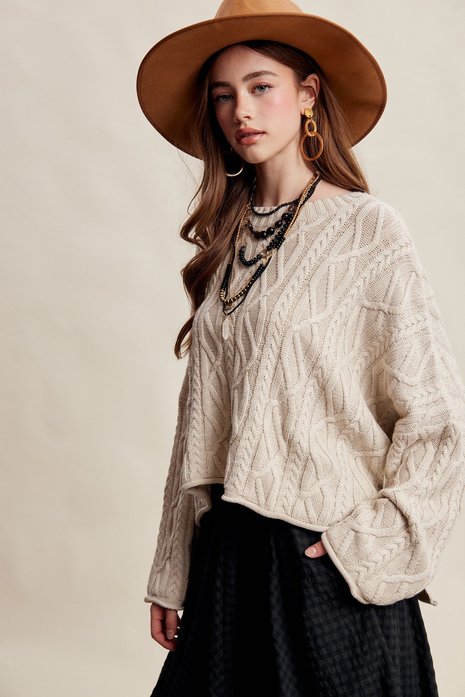Wrenley Oversized Cable Knit Sweater - Ecru