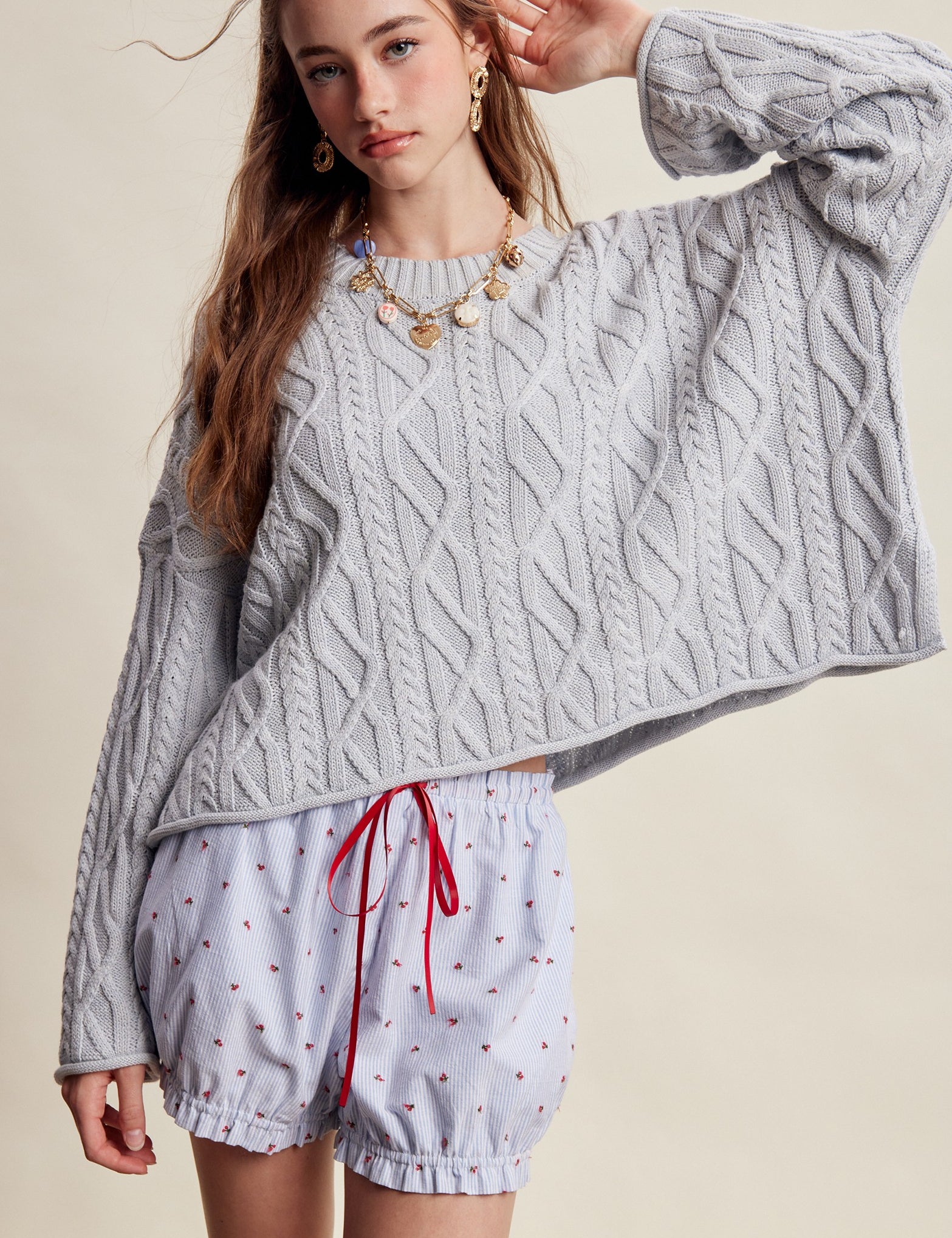 Wrenley Oversized Cable Knit Sweater - Sky