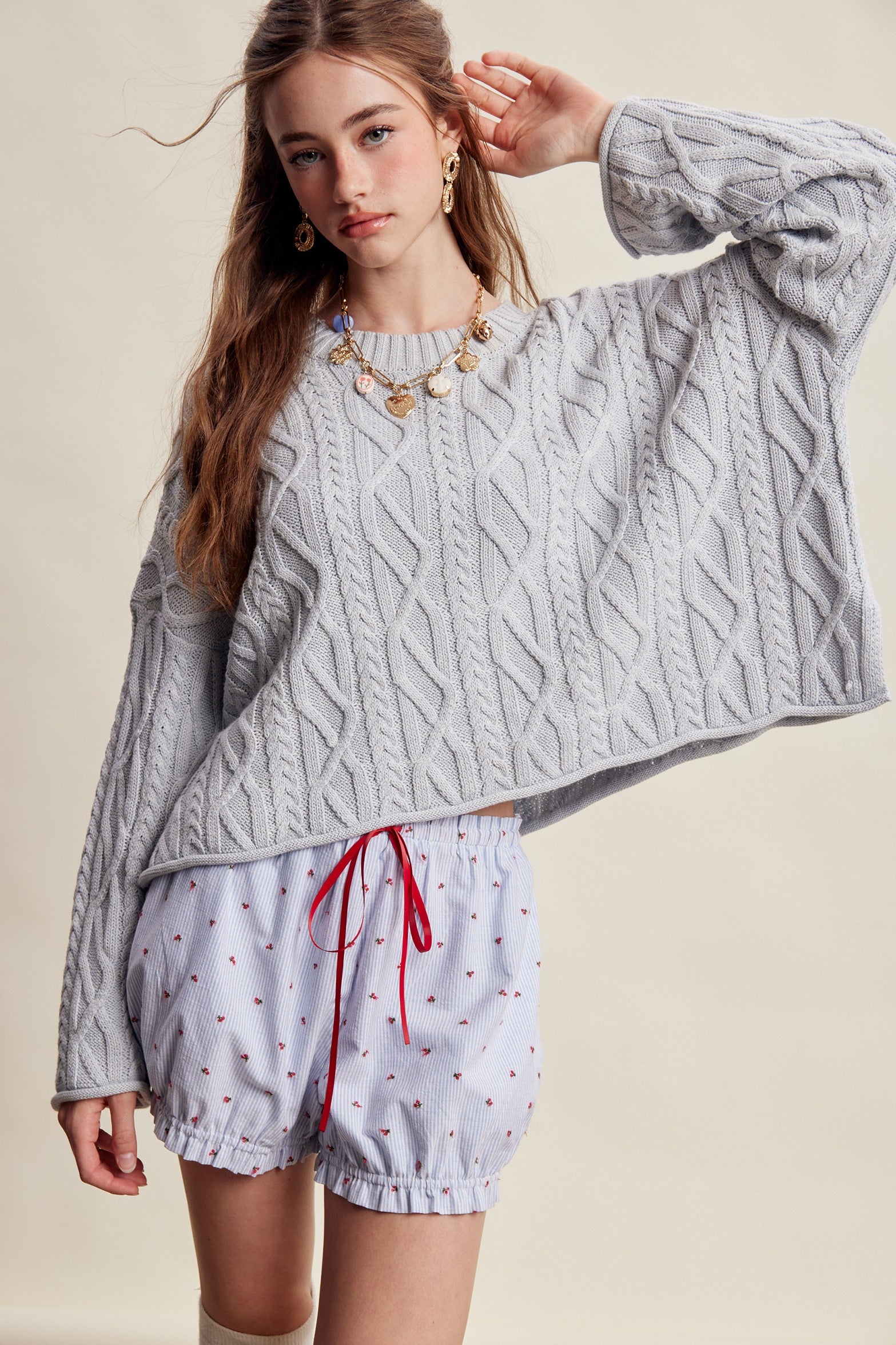 Wrenley Oversized Cable Knit Sweater - Sky