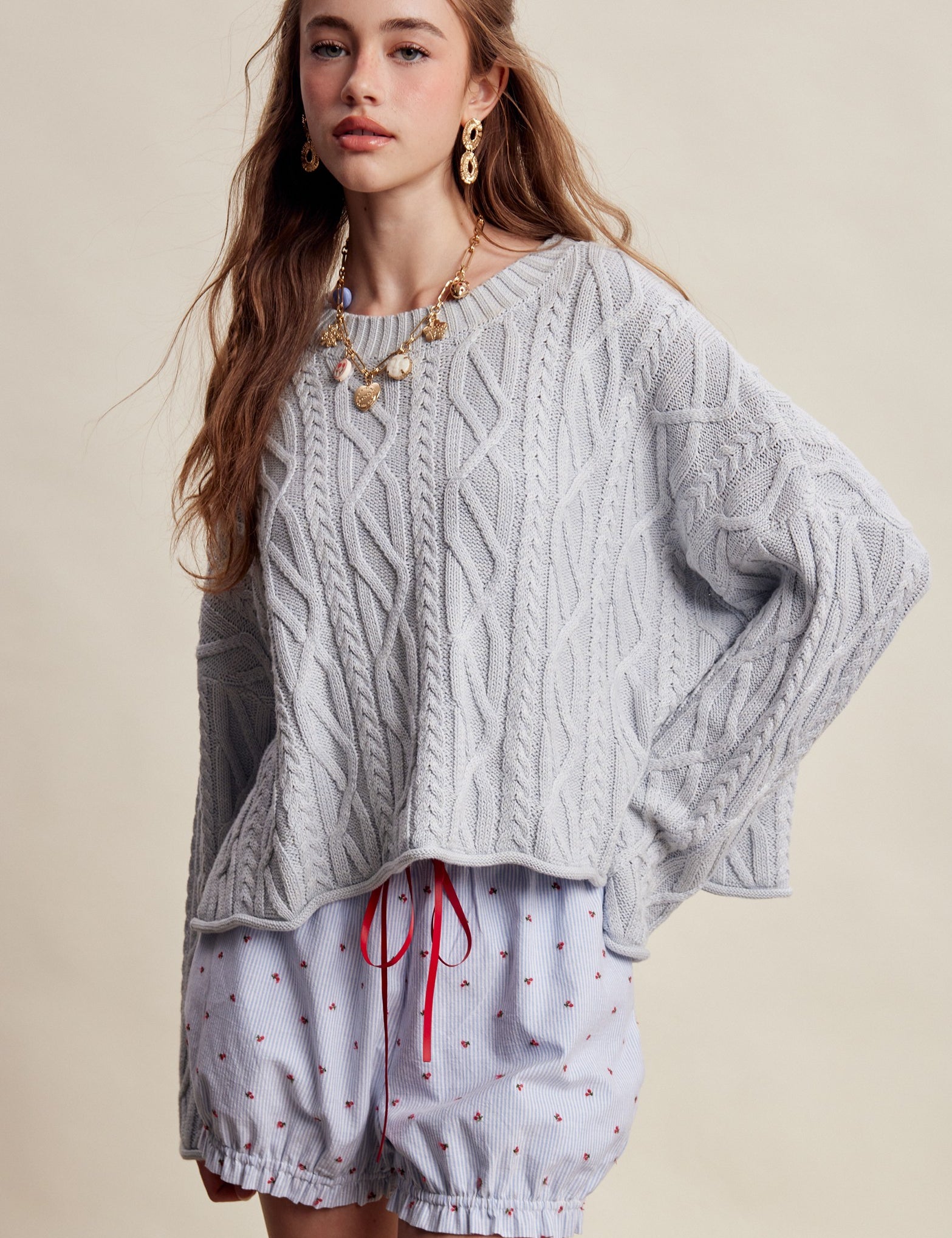Wrenley Oversized Cable Knit Sweater - Sky