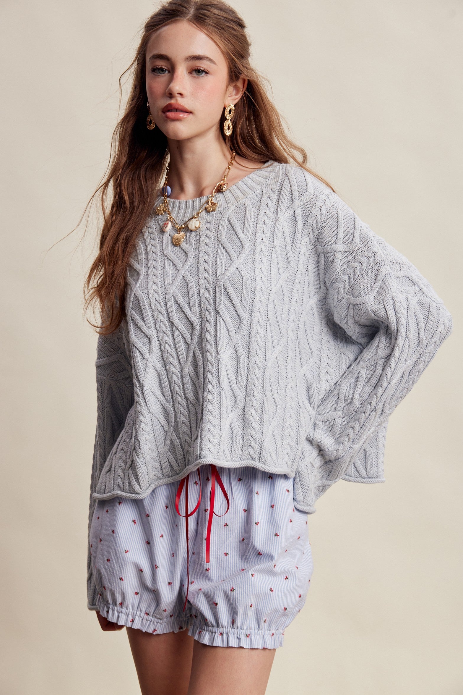 Wrenley Oversized Cable Knit Sweater - Sky