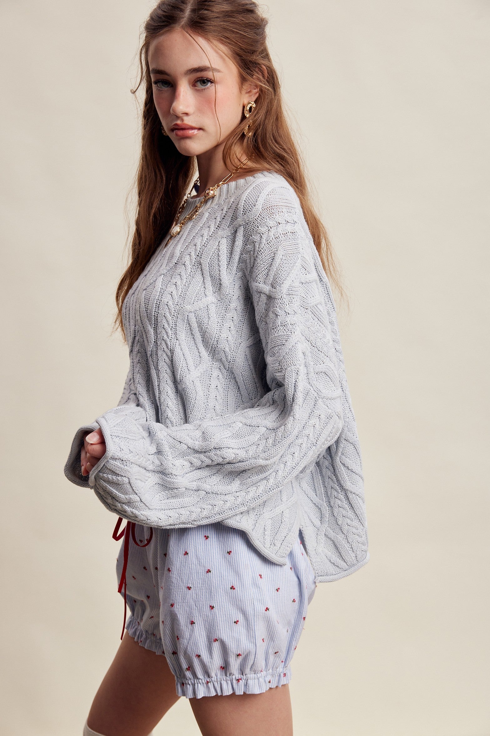 Wrenley Oversized Cable Knit Sweater - Sky