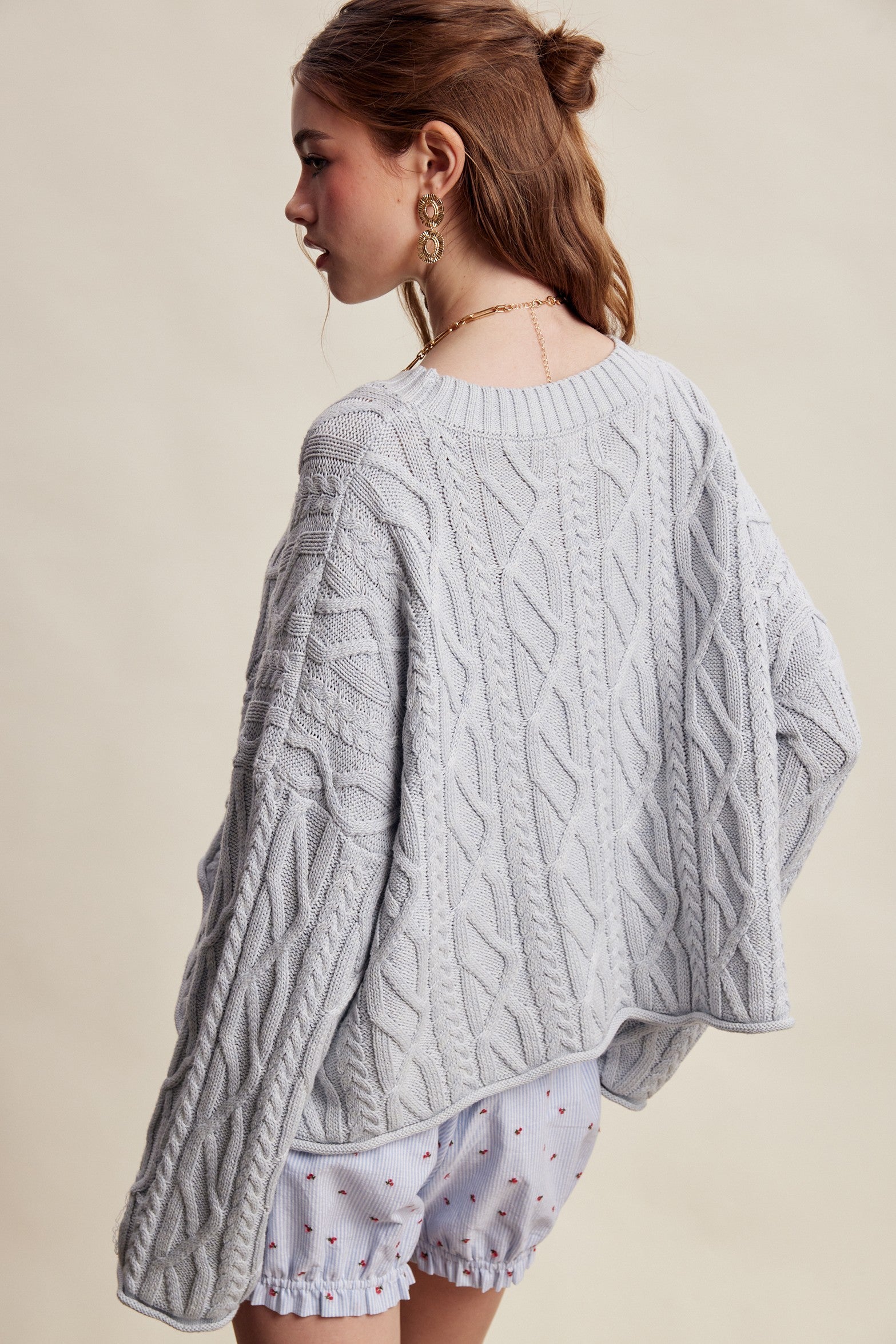 Wrenley Oversized Cable Knit Sweater - Sky