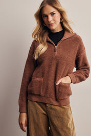 Yearbook Textured Quarter-Zip Sweater in Brown, photo 1
