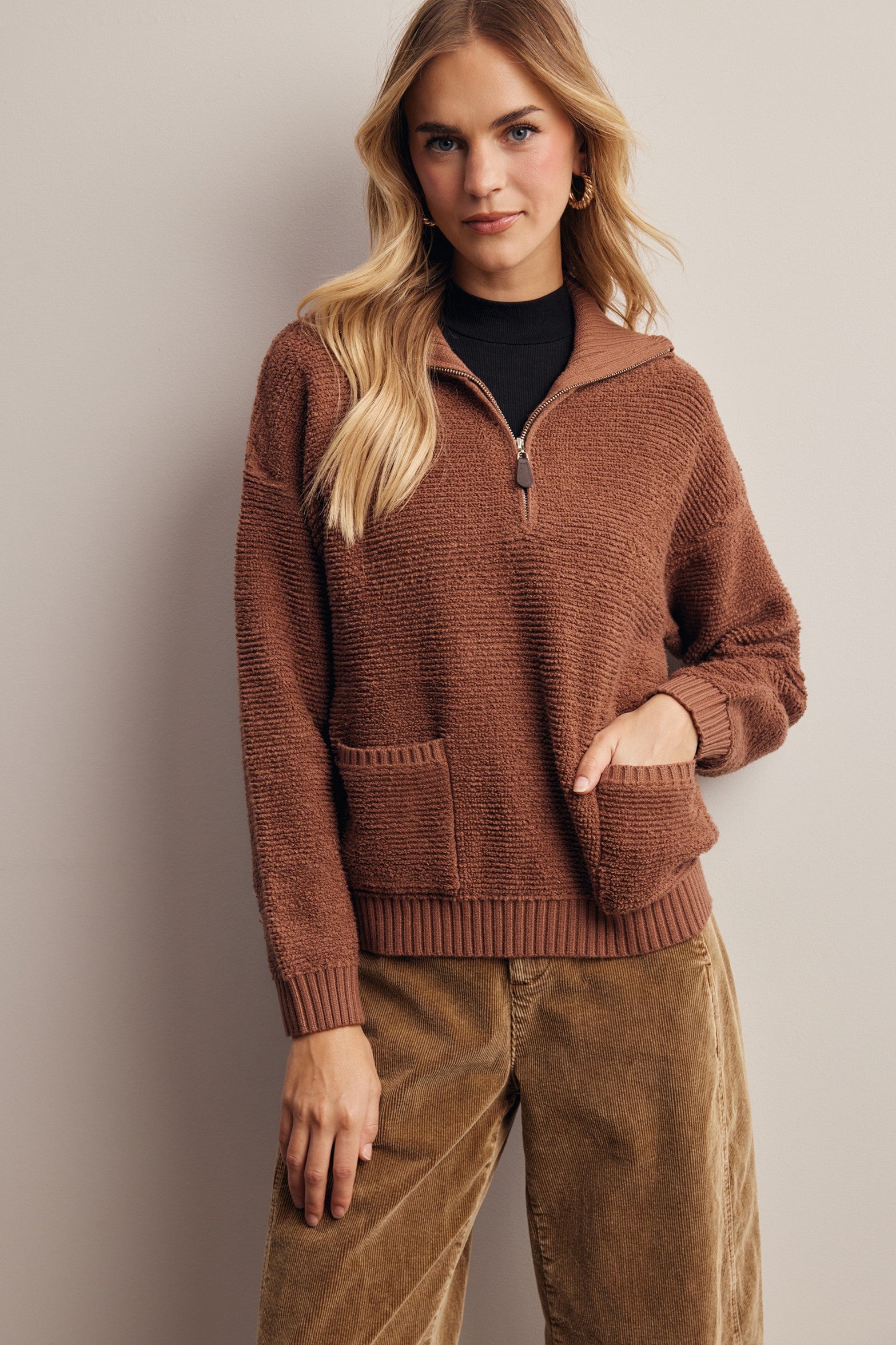 Yearbook Textured Quarter-Zip Sweater in Brown, photo 2