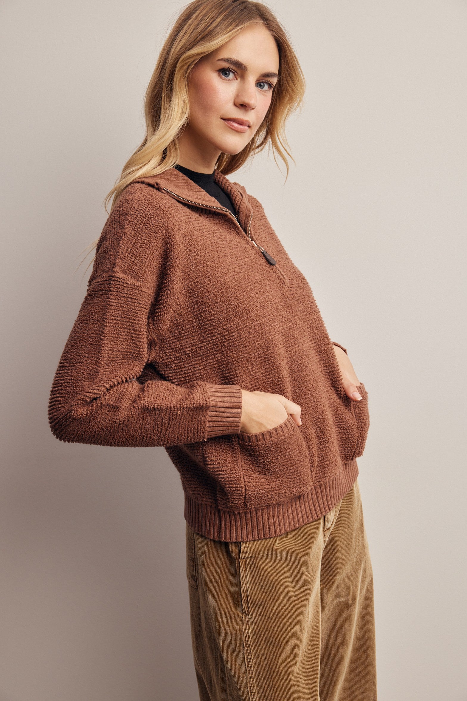 Yearbook Textured Quarter-Zip Sweater in Brown, photo 5