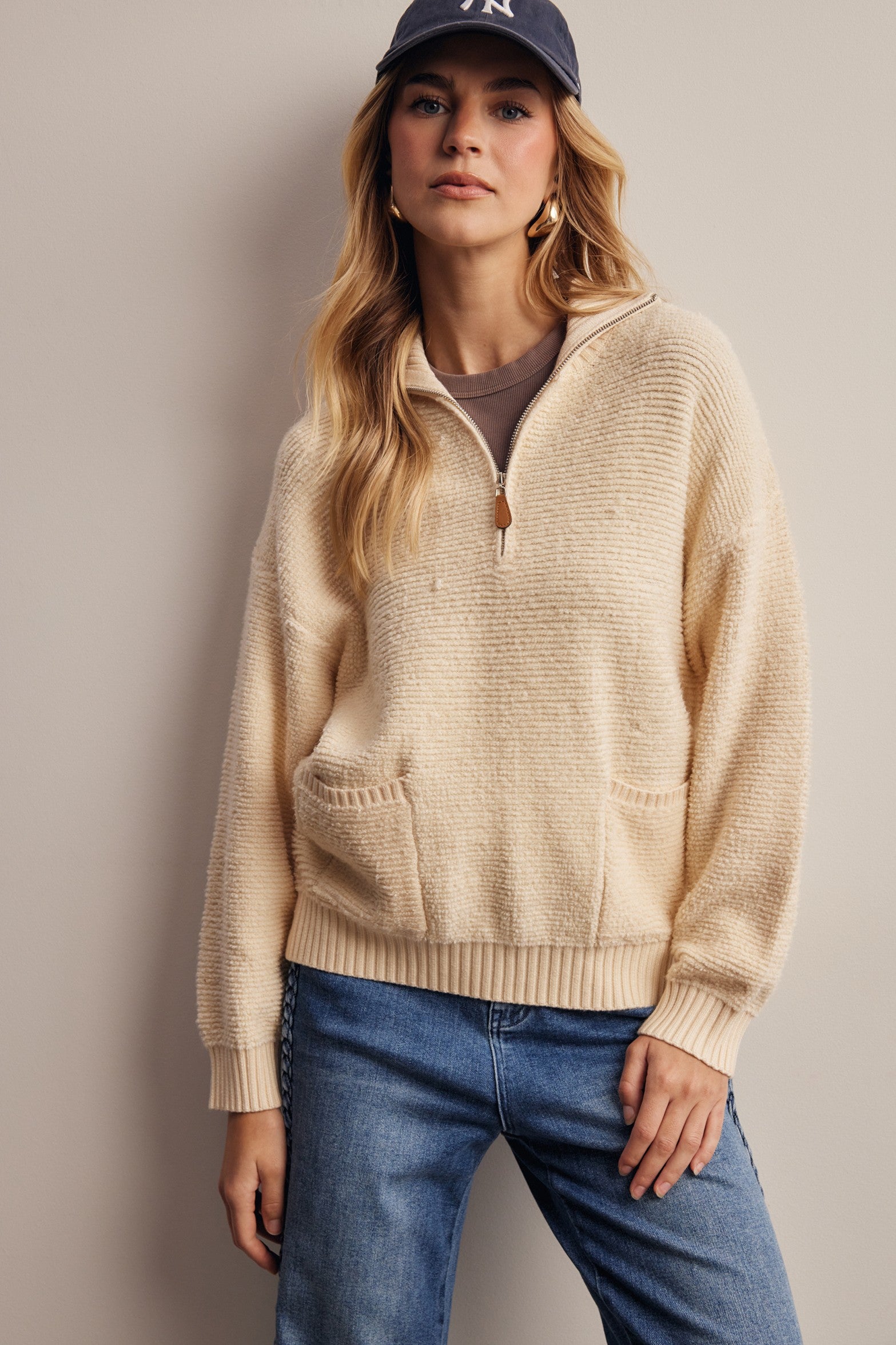 Yearbook Textured Quarter-Zip Sweater in Ivory, photo 1
