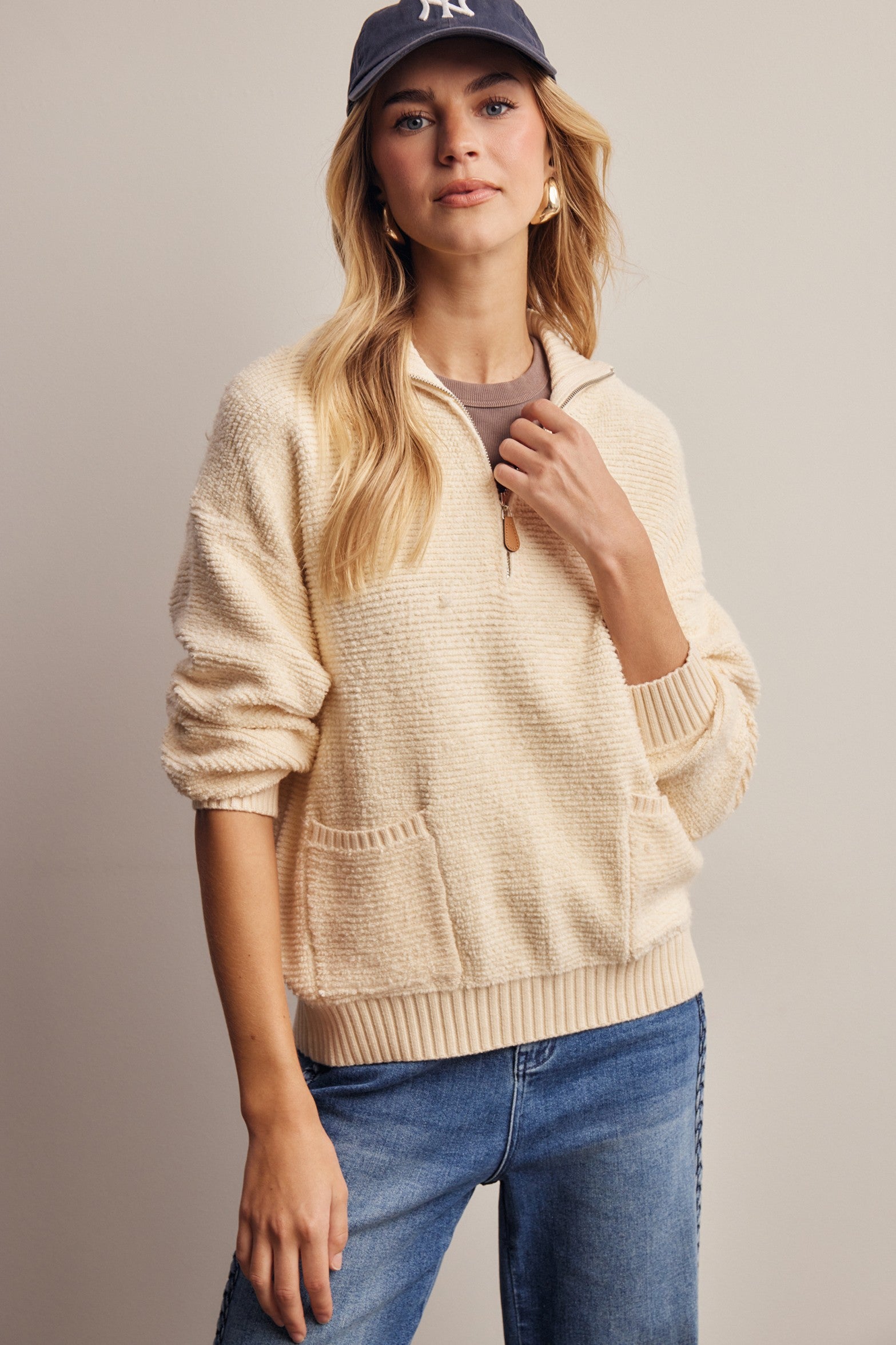 Yearbook Textured Quarter-Zip Sweater in Ivory, photo 2