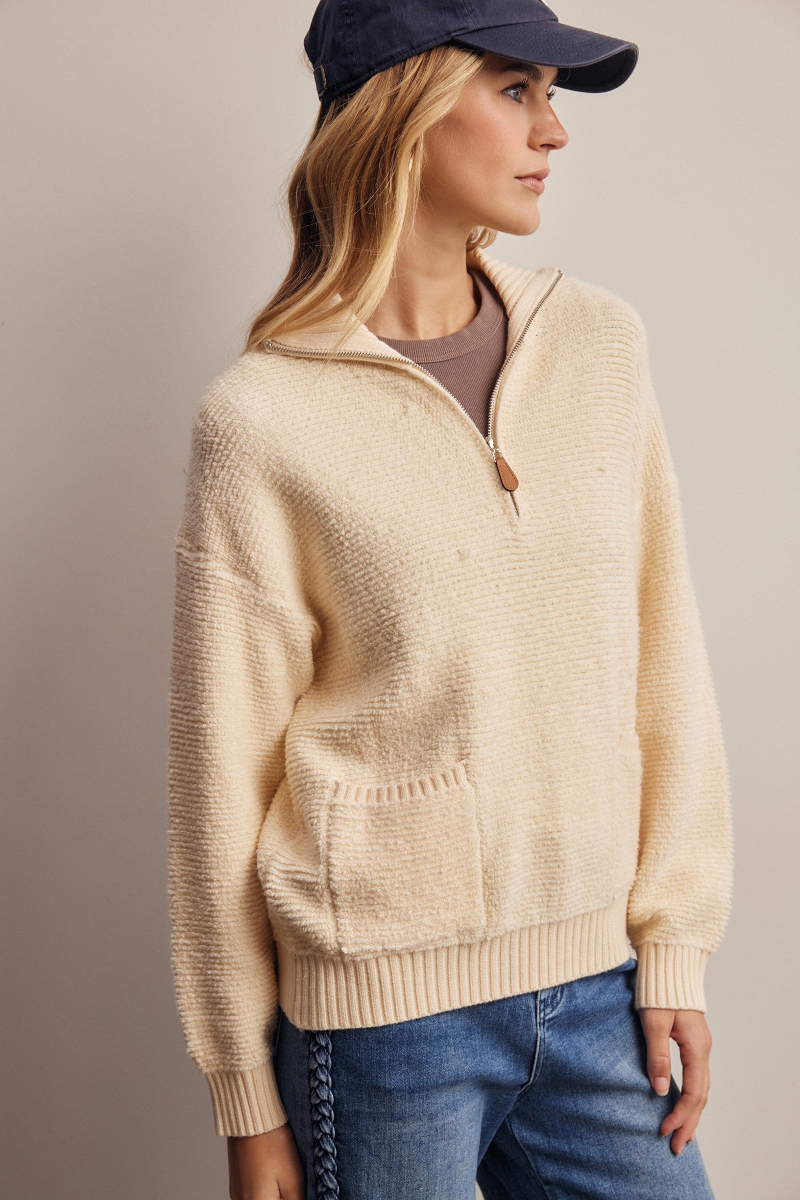 Yearbook Textured Quarter-Zip Sweater in Ivory, photo 5