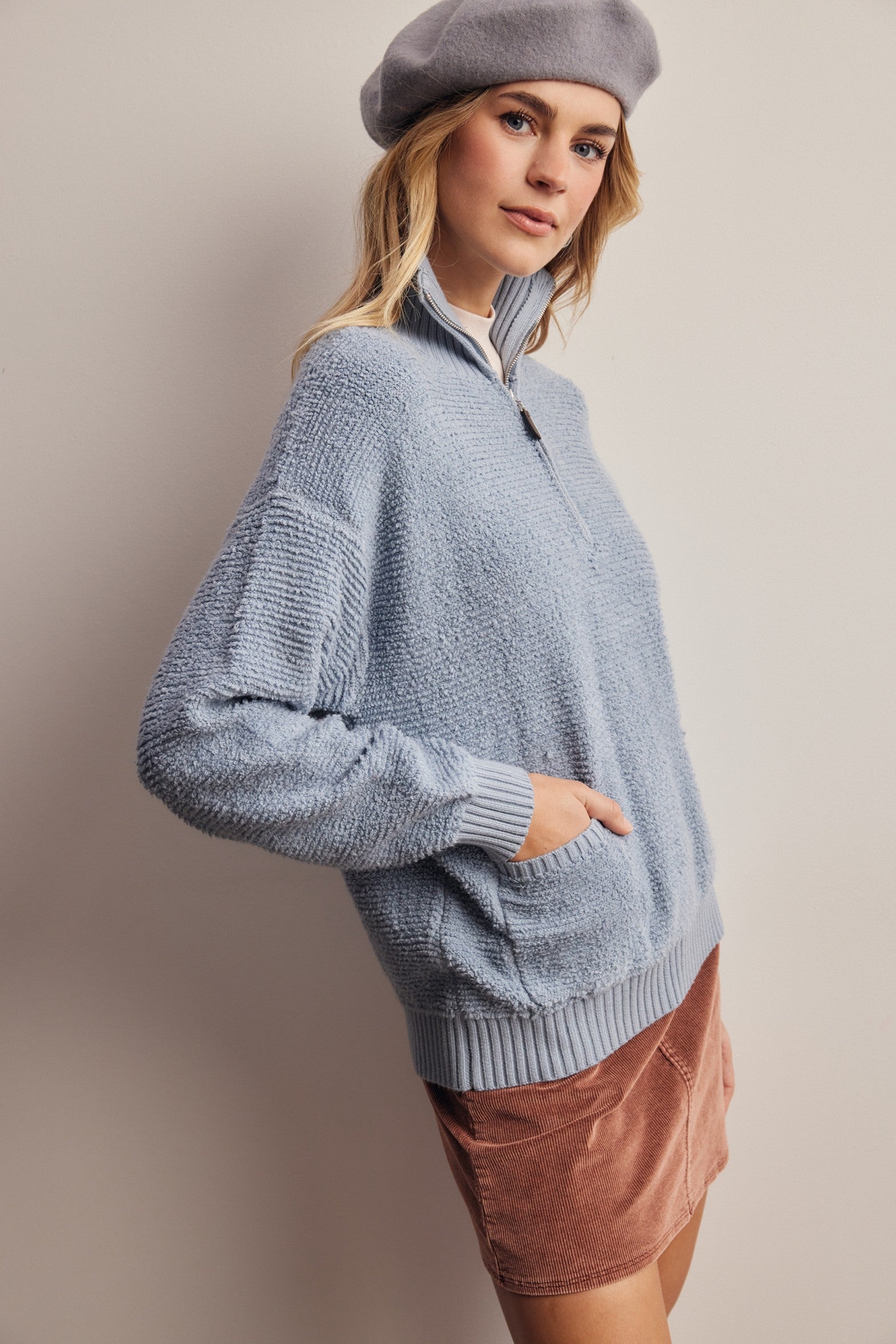 Yearbook Textured Quarter-Zip Sweater in Sky, photo 7