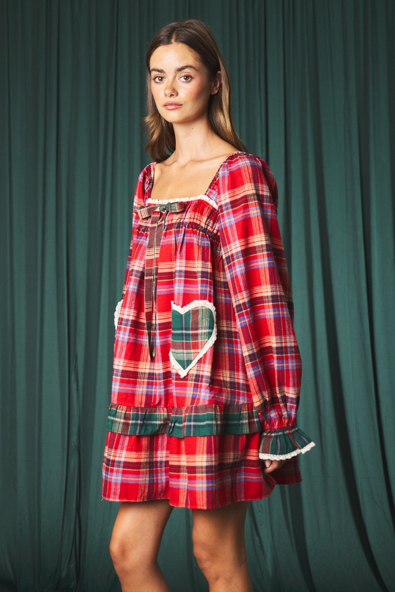 Yuletide Plaid Heart Pocket Mini Dress - Westly