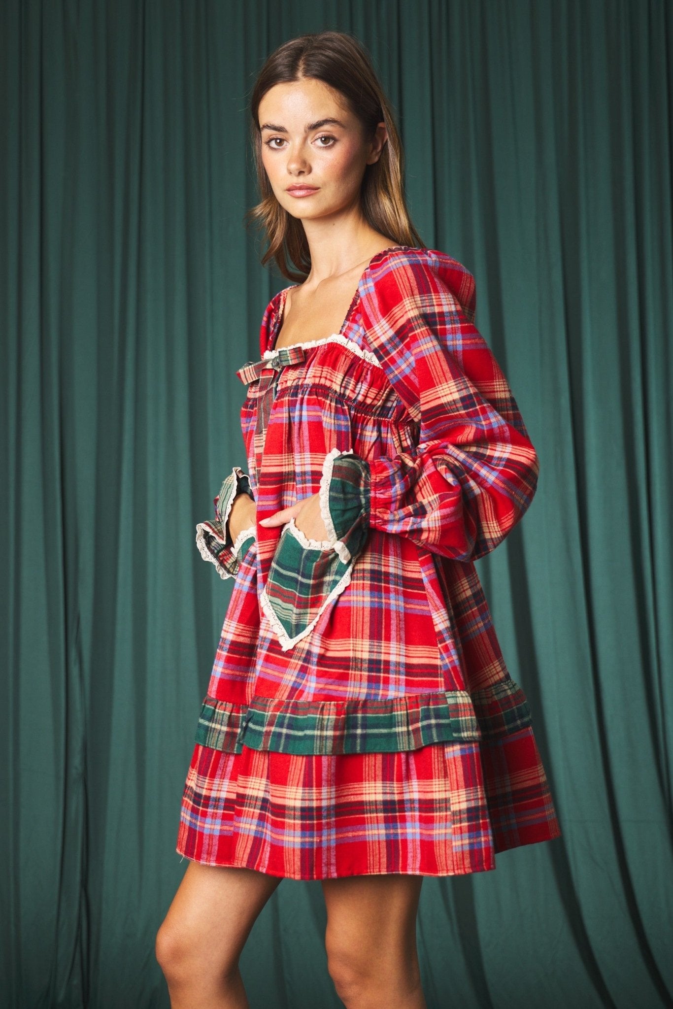 Yuletide Plaid Heart Pocket Mini Dress - Westly