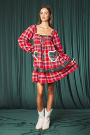 Yuletide Plaid Heart Pocket Mini Dress - Westly