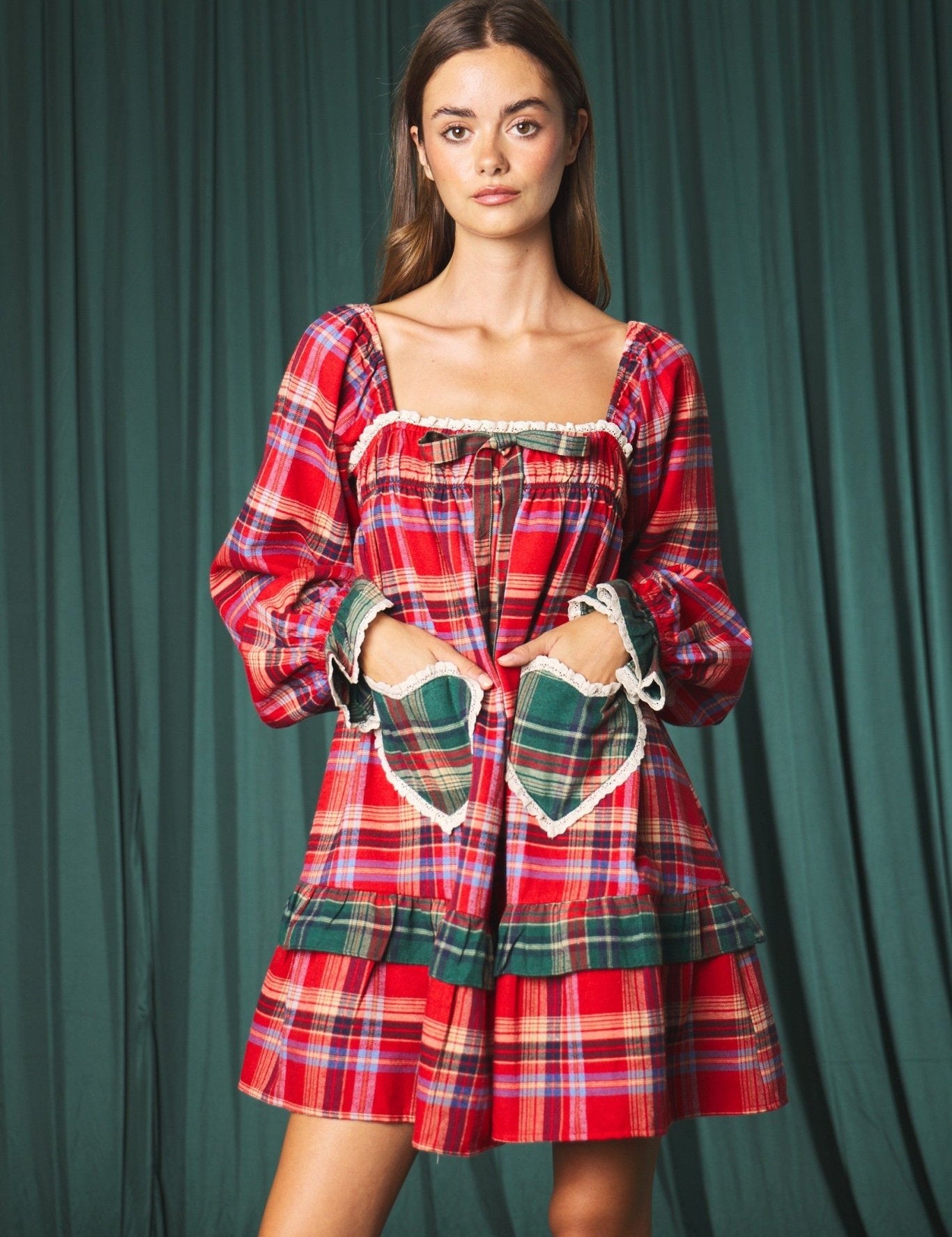 Yuletide Plaid Heart Pocket Mini Dress - Westly