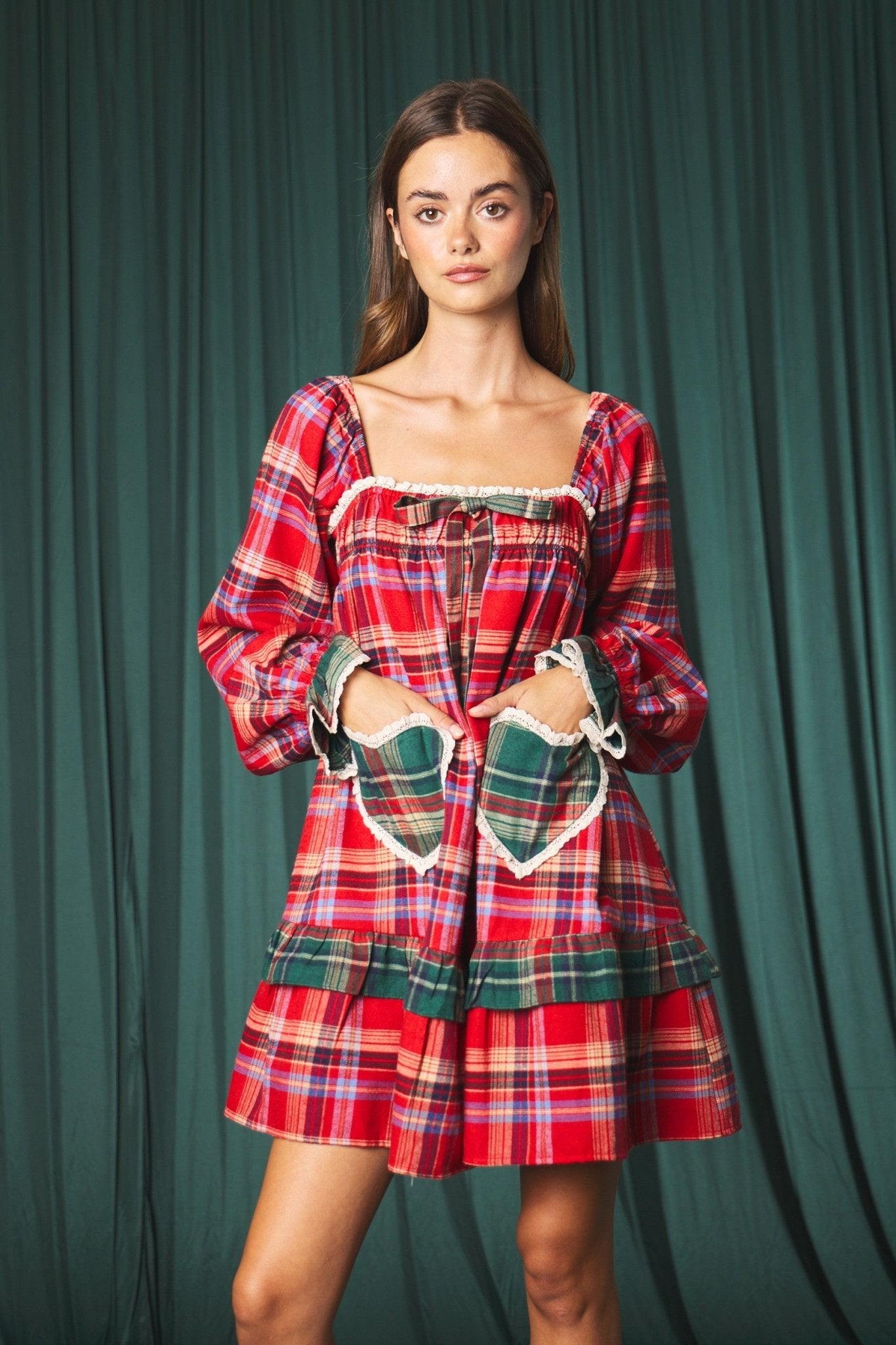 Yuletide Plaid Heart Pocket Mini Dress - Westly