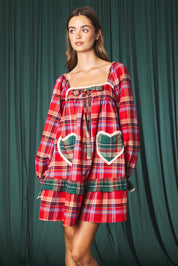 Yuletide Plaid Heart Pocket Mini Dress - Westly