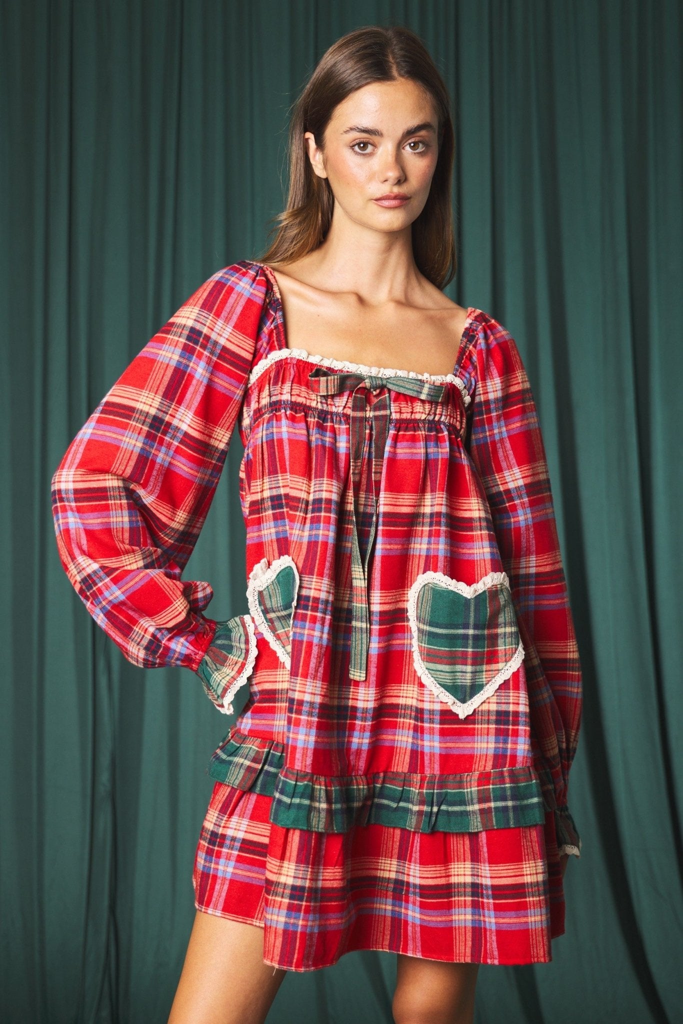 Yuletide Plaid Heart Pocket Mini Dress - Westly
