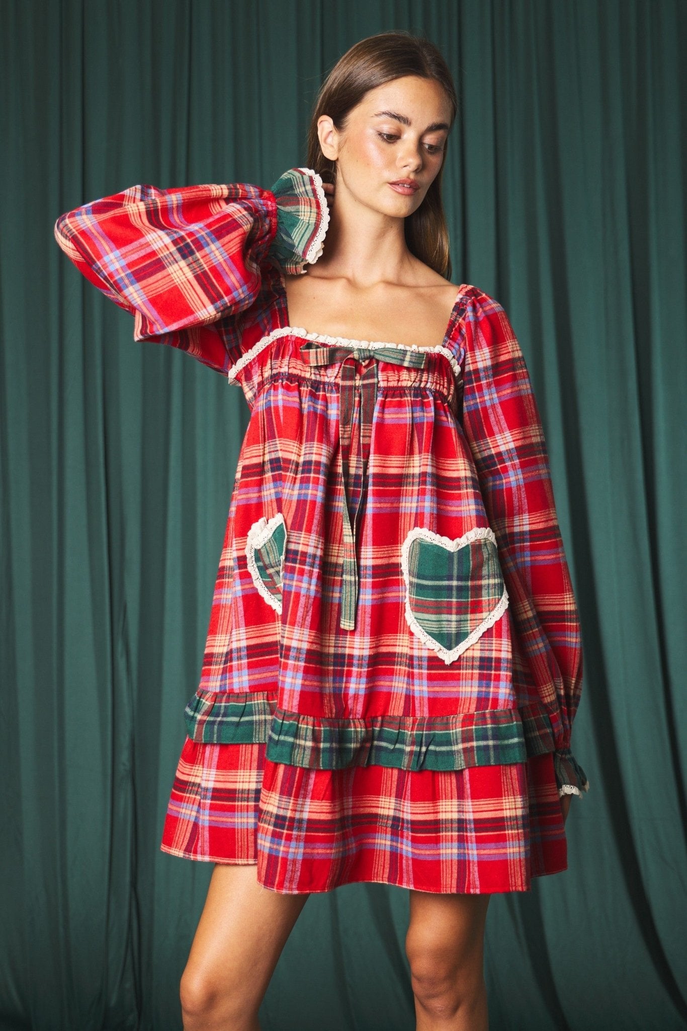 Yuletide Plaid Heart Pocket Mini Dress - Westly